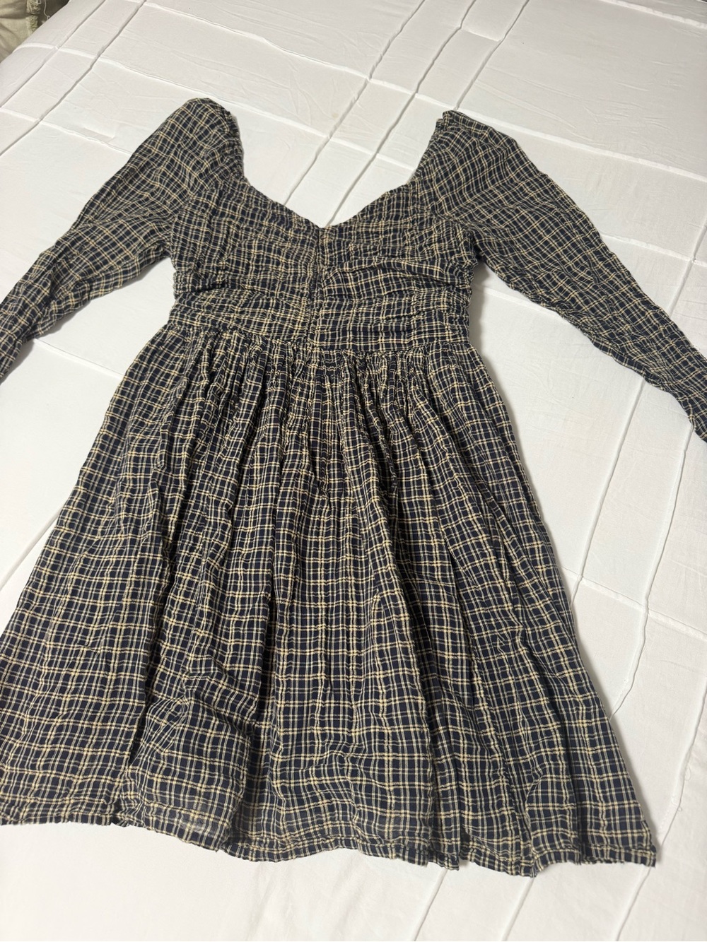 American Eagle Outfitters Navy and Cream Plaid Smocked Waist Dress With POCKETS